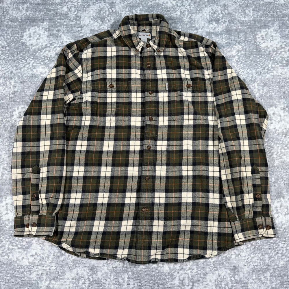 Carhartt Flannel Shirt Mens Large Green Plaid Relaxed Fit Workwear Distressed